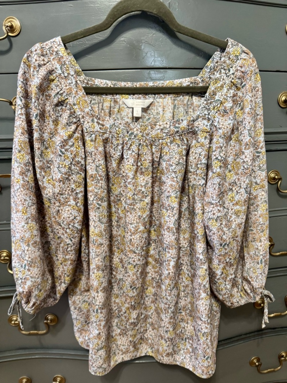 LC Lauren Conrad Floral Square-Neck Blouse in Cream and Yellow